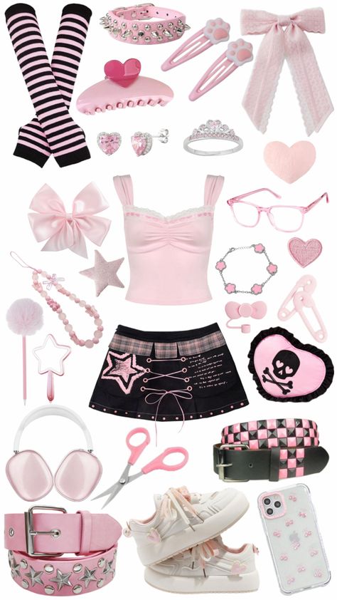 Light pink and Black Collage Pink Punk Rock Outfits, Pink Rockstar Outfit, Alternative Fashion Pink, Alt Fashion Women, Punk Pink Aesthetic, Pink And Black Aesthetic Outfit, Pink Alt Outfits, Pink And Black Outfit Ideas, Pink Grunge Outfit