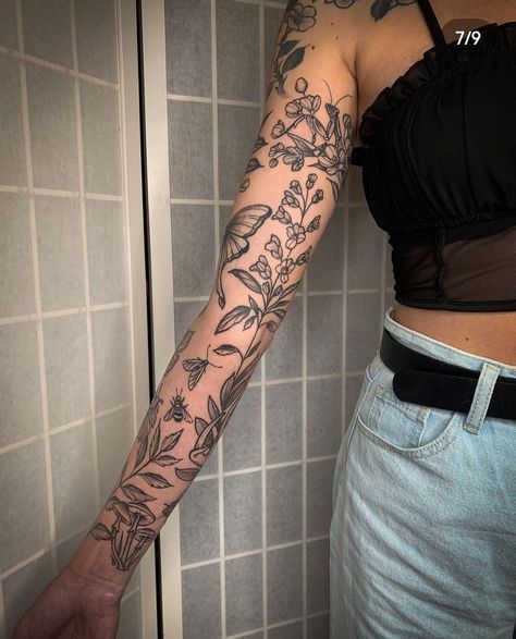 Soft Feminine Sleeve Tattoo, Floral Tattoo Design Arm Sleeve, Creative Arm Sleeve Tattoos For Women, Arm To Wrist Tattoo, Linework Sleeve Women, Hippy Tattoo Sleeve, Flower Sticker Sleeve Tattoo, Elegant Tattoos Sleeve, Lower Arm Tattoo Placement