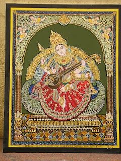 Mysore style of painting Tanjore Saraswati Painting, Sarswati Maa, Saraswati Painting, Maa Saraswati, Tanjore Art, Mysore Painting, Indian Traditional Paintings, Tanjore Paintings, Hinduism Art