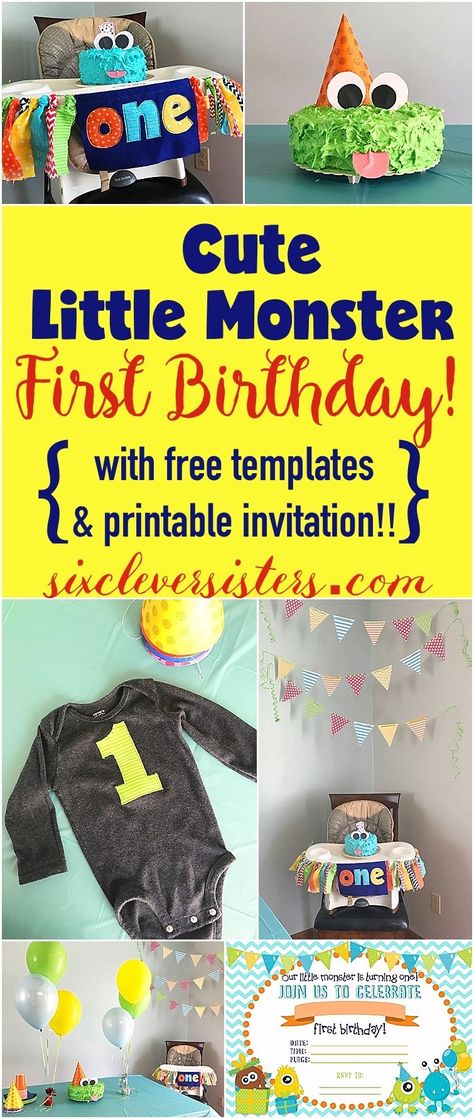 Cute Little Monster FIRST BIRTHDAY! {with free templates and printable invitation!} - Six Clever Sisters Monster Party Invitations, Monster First Birthday, Monster Birthday Party, Little Monster Birthday, Monster 1st Birthdays, Party Monster, Monster Birthday Parties, Monster Birthday, Diy Birthday Decorations