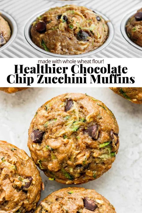 Chocolate Chip Zucchini Muffins - a delicious, easy chocolate chip zucchini muffin made with simple, real ingredients + whole wheat flour! #chocolatechipzucchinimuffinshealthy #chocolatechipzucchinimuffins #chocolatechipzucchinibread #chocolatechipzucchinibreadmuffins Healthy Chocolate Chip Zucchini Muffins, Easy Zucchini Muffins, Healthy Zucchini Muffins, Muffins Zucchini, Chocolate Chip Zucchini Muffins, Zucchini Muffins Healthy, Zucchini Chocolate Chip Muffins, Zucchini Muffin Recipes, Menu Sarapan Sehat