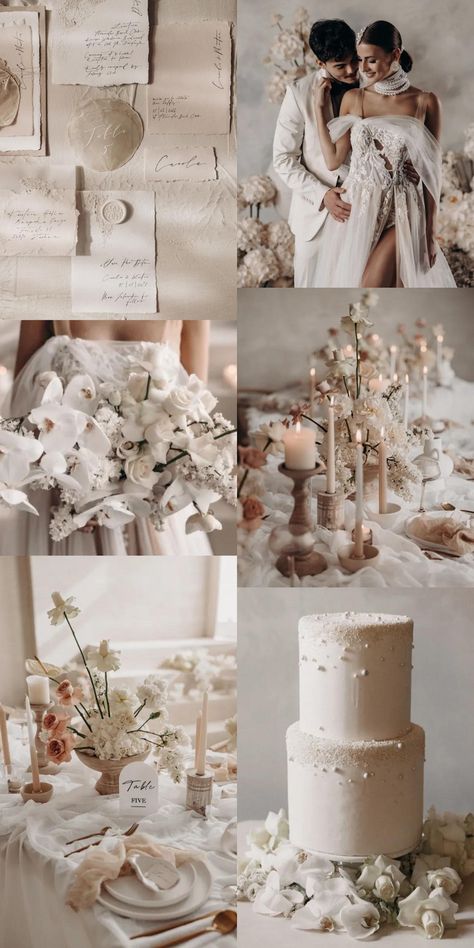 Neutral Aesthetic Wedding Decor, Old Money Wedding Details, Baroque Wedding Theme, Old Money Wedding Theme, Old Money Wedding Decor, Pearl Wedding Theme, Champagne And White Wedding, Pearl Wedding Decor, Neutral Modern Wedding