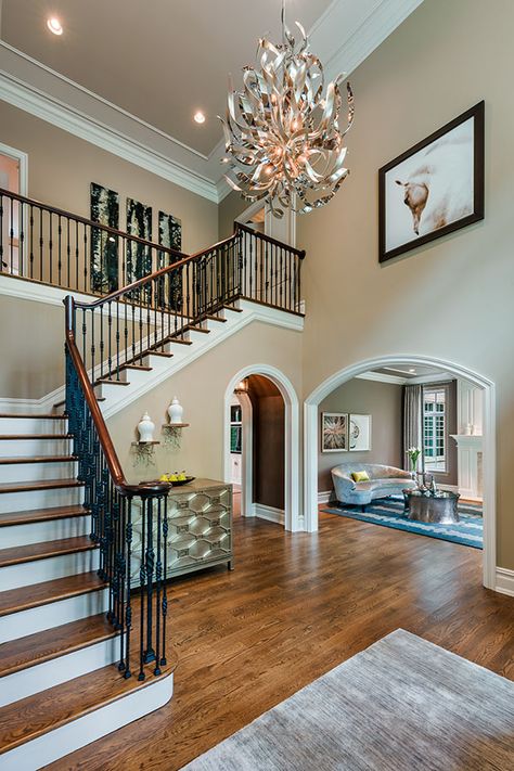 Foyer Chandelier 2 Story, Foyer Remodel, Double Height Living Room, Family Room Paint, Foyer Staircase, Statement Chandelier, High Ceiling Living Room, Foyer Ideas, Double Height