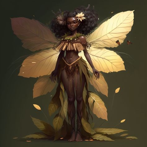 Fae Creatures Illustrations, African Fairy Tattoo, Black Fantasy Creatures, Plus Size Black Fairy, Black Fairy Painting, Black Fae Art, Black Fairies Art, Nyphm Fairy, Fairy Black Women