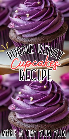 Purple Velvet Cupcakes Purple Frosted Cupcakes, Purple Buttercream Frosting, Fun Flavored Cupcakes, Cupcakes With Purple Frosting, Purple Cupcakes Ideas, Purple Foods For Party, Purple Velvet Cupcakes, Purple Treats, Purple Wedding Cupcakes