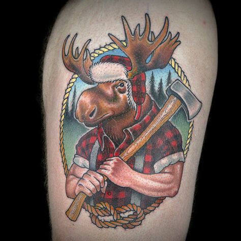 Lumberjack Moose Tattoo by Creepy Jason Lumberjack Tattoo, Moose Tattoos, Traditional Bear Tattoo, Bison Tattoo, Moose Tattoo, Ink Master Tattoos, Canada Tattoo, Moose Pictures, Dragon Tattoo Art