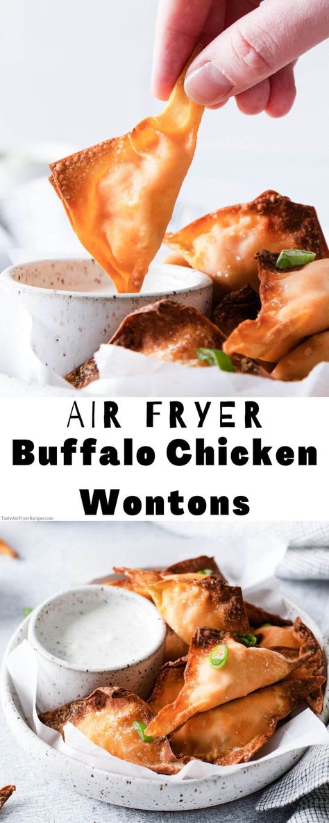 Buffalo Chicken Dip Wontons, Air Fryer Chicken Wontons, Buffalo Chicken Dip Air Fryer, Buffalo Chicken Dip Bites Air Fryer, Wonton Wrapper Air Fryer Recipes, Buffalo Chicken Wontons Air Fryer, Wonton Air Fryer Recipes, Air Fryer Cream Cheese Wontons, Wonton Wrapper Recipes Air Fryer