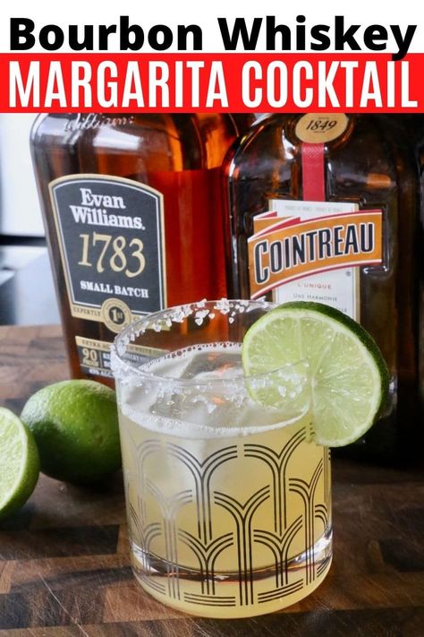 Learn how to make a whiskey margarita, a simple cocktail recipe featuring bourbon, orange liqueur, lime juice, agave syrup and salt rim. Whiskey Rita Recipe, Whiskey Margarita, Bourbon Margarita, Whiskey Cocktails Easy, Mexican Cocktail, Rita Recipe, Mexican Cocktails, Simple Cocktail, Easy Margarita