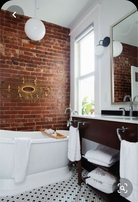 Exposed Brick Bathroom, Historic Home Remodel, Bathroom Sink Accessories, Creative Bathroom Ideas, Brick Bathroom, Vintage Inspired Bathroom, Red Brick Fireplaces, Brick Accent Walls, Brick Accent Wall