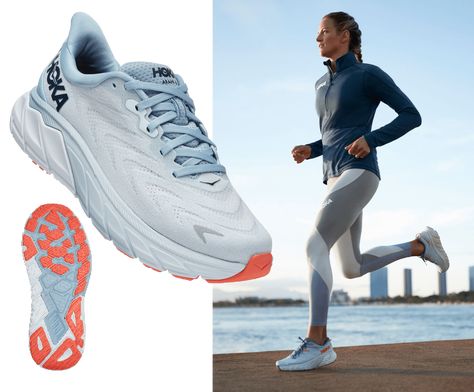 Women's Arahi 6 Stability Running Shoe | HOKA® Fitness Trail, Blue Fog, Cushioned Running Shoes, Hoka Shoes, Trail Hiking, Foot Health, Performance Wear, Technology Design, Training Camp