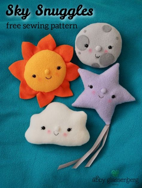 Sky Snuggles Plush Sun, Moon, Star, and Cloud: Free Sewing Pattern Fleece Plush Pattern, Moon Sewing Pattern, Sun And Moon Jelly Cat, Sun Felt Pattern, Sun And Moon Stuffed Animal, No Sew Moon Pillow, Diy Felt Moon And Stars, Trendy Sewing Patterns, Animal Sewing Patterns