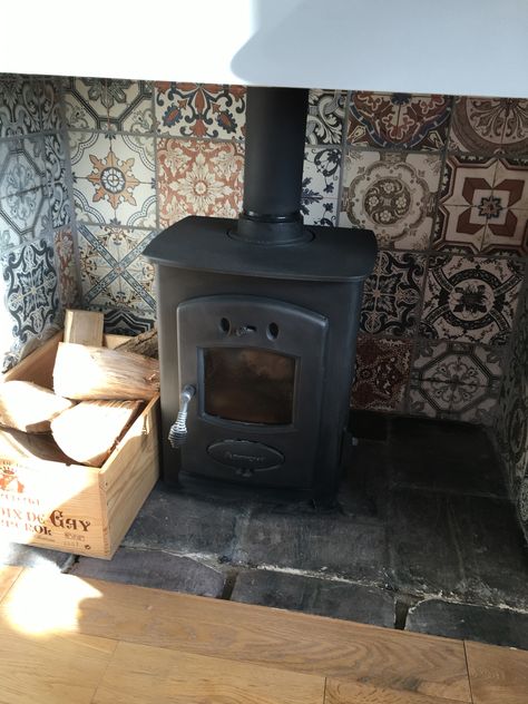 My newly Tiled log burner fireplace love the mix Log Burner Tiled Back, Tiling Behind Log Burner, Tiled Fireplace Log Burner, Log Burner Tiles Behind, Corner Fireplace Tile Ideas, Log Burner Tiles, Tiled Log Burner Fireplace, Mexican Fireplace, Fireplace Lounge