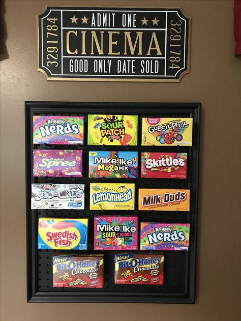 My home made candy stand Movie Poster Display, Movie Rooms, Home Made Candy, Movie Candy, Theater Room Decor, Game Room Ideas, Movie Theater Rooms, Candy Stand, Movie Room Decor