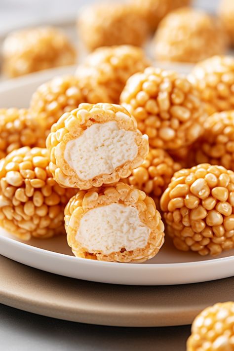 Caramel Rice Krispie Marshmallows, Carmel Marshmallows With Rice Krispies, Rice Krispie Marshmallow Balls, Caramel Rice Krispie Balls, Carmel Marshmallow Balls, Caramel Marshmallow Rice Crispy Balls, Caramel Marshmallow Rice Krispie Balls, Puck Cakes, Caramel Rice Krispies