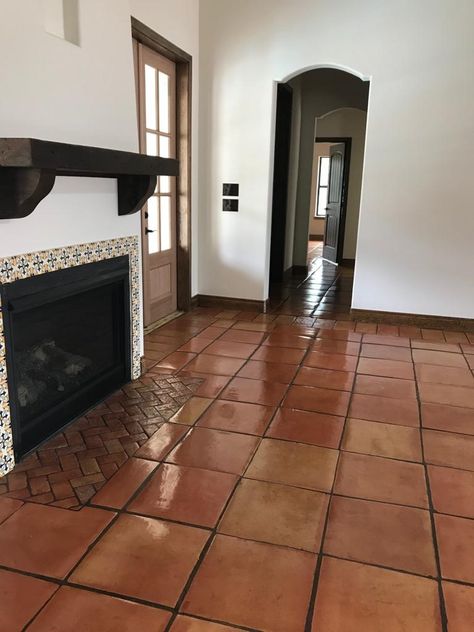 12X12 Saltillo Natural on Living Room Dark Saltillo Tile Floor, Saltillo Tile Living Room Modern, Faux Saltillo Tile, Spanish Tile Living Room, Saltio Tile Floors, Saltillo Tile Floor Living Room, Red Tile Floor Living Rooms, Greenhouse Remodel, Brown Tiles Floor Living Room