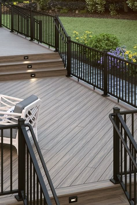 Deck With Grey House, Modern Trex Deck Ideas, Grey Trek Deck Ideas, Exterior Deck Ideas, Gray Trex Deck Ideas, Grey Trex Deck, Trek Deck Ideas, Trex Decking Colors, Trex Deck Ideas Color Schemes