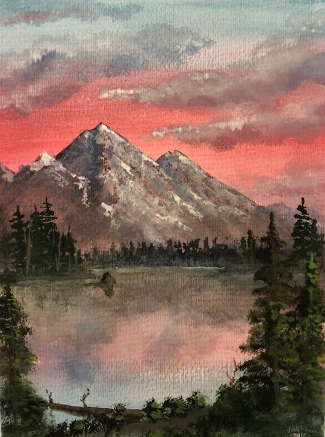 Beginner Painting Mountains, Long Mountain Painting, Mountain With Sunset Painting, Mountain Lake Landscape Painting, Mountains And River Painting, Mountains And Lake Painting, Forest And Mountains Drawing, Montana Landscape Painting, Mountain And Tree Painting