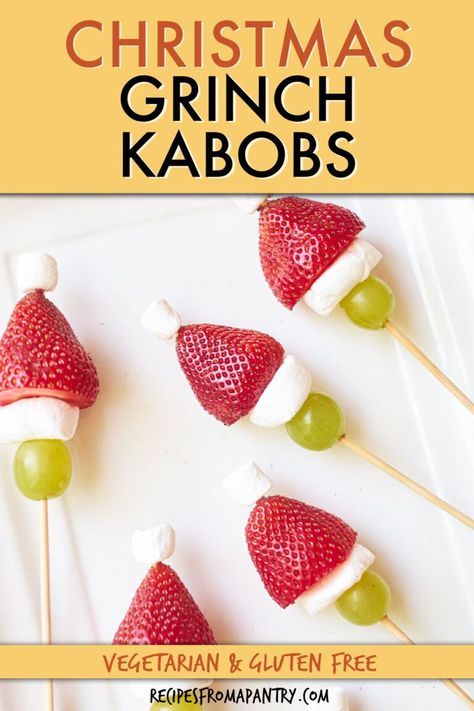 Fans of Dr Seuss How The Grinch Stole Christmas will absolutely love these colorful and fun Christmas Grinch Fruit Kabobs. This super easy recipe, made with only 3 ingredients can be made by the kids with no supervision. It is a great festive snack or dessert. These grinch kabobs is definitely a fun activity that the whole family will love too. #grinch #fruit #kabobs #christmas #snack #dessert Christmas Kabobs, Christmas Snacks Savory, Grinch Fruit, Grinch Fruit Kabobs, Fruit Kabobs Kids, Dessert Kabobs, Healthy Christmas Snacks, Healthy Holiday Treats, Easy Christmas Dinner