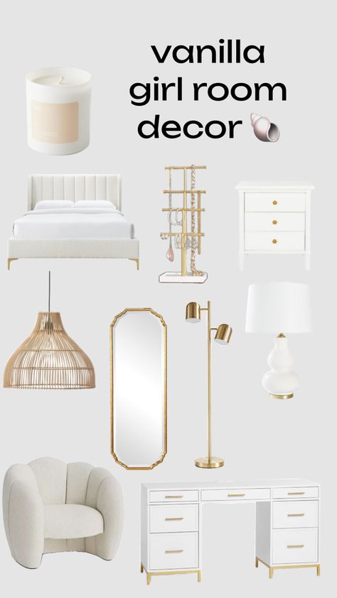 #vanillagirl White Simple Room, Modern White And Gold Bedroom, Pink Vanilla Room Aesthetic, Vanilla Room Ideas, Vanilla Bedroom Ideas, Light Pink Gold And White Bedroom Ideas, Room Ideas Vanilla, White And Gold Room Aesthetic, Gold Room Aesthetic