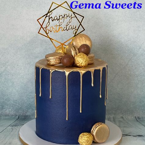 Gold And Blue Cake Birthday Men, Blue White And Gold Cake For Men, Blue And Gold Drip Cake, Navy And Gold 40th Birthday Cake, Dark Blue And Gold Cake, Navy And Gold Birthday Cake, Blue And Gold Cake Birthday, Dark Blue Cake For Men, Navy Gold Cake