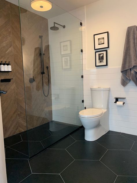 Seamless Floor Tile Moves Into the Zero Clearance Shower - Midcentury - Bathroom - Chicago - by Michael Norpell's Wall To Wall | Houzz Black Tile Bathroom Floor, Black Tile Bathrooms, Shower Floor Tile, Lighting Bedroom, Luxury Bathrooms, Space Bedroom, Bathroom Tile Designs, Bathroom Shower Tile, Basement Bathroom