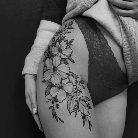 Thigh Pieces Tattoo, Cherry Blossom Tree Tattoo On Leg, Orchid Tattoo Leg, Cherry Blossom Hip Tattoos Women, Large Floral Hip Tattoo, Flower Vine Tattoo Thigh, Cherry Blossom Tattoo Hip Thigh, Large Cherry Blossom Tattoo, Flower Vine Leg Tattoo