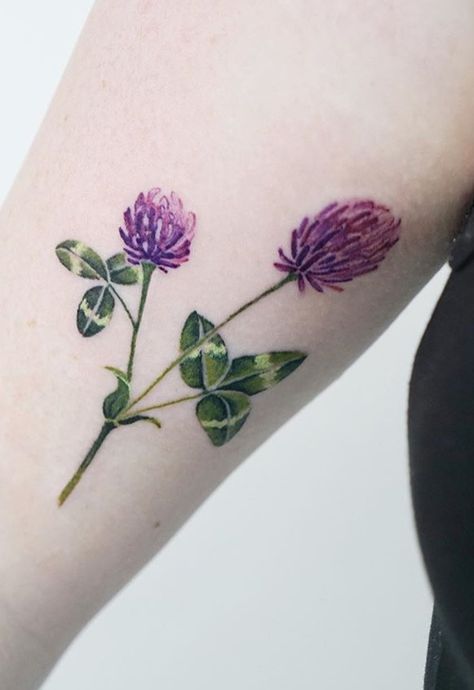 Watercolor Clover Tattoo, Purple Clover Tattoo, Clover Flower Tattoo, Purple Clover, Clover Tattoo, Garden Tattoos, Clover Tattoos, Wildflower Tattoo, Tasteful Tattoos