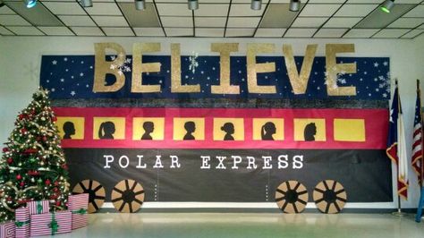 Polar Express Office Door Decorations, The Polar Express Hallway Decorations, Polar Express Backdrop Diy, The Polar Express Bulletin Board Ideas, Polar Express Train Bulletin Board, Polar Express North Pole Decorations, Polar Express Day Decorations, Polar Express Outdoor Decorations, Polar Express Bulletin Boards For School