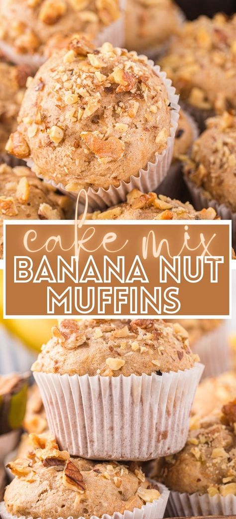 Learn how to make easy Banana Nut Muffins with this simple recipe that starts with a butter pecan cake mix! Use up those ripe bananas, a cake mix, plus a few other ingredients to make these nutty, super soft, and delicious banana nut muffins with walnuts. Cake Mix Banana Nut Bread, Butter Pecan Cake Mix Banana Bread, Banana Muffins From Cake Mix Recipes, Butter Pecan Cake Mix Muffins, Banana Muffins Cake Mix Recipe, Banana Muffins With Cake Mix Boxes, Banana Bread Using Cake Mix Recipe, Banana Bread With Cake Mix Recipes, Cake Mix Banana Muffins