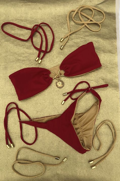 Deep red and golden nude reversible “GoldBarr” #bikini #goldbarr #luxury #swimsuit Golden Swimsuit Bikinis, Red Bikinis For Women Aesthetic, Dark Red Swimsuit, Classy Swimsuit, Aesthetic Swimsuit, Tropical Outfits, Gold Swimsuit, Obx Dr, Mha Dr