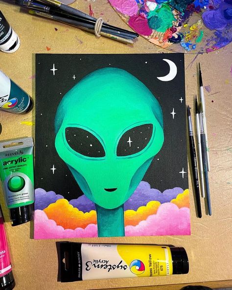 Simple Alien Painting, Spiritual Painting Ideas On Canvas, Alien Painting Easy, Alien Painting Ideas, Alien Canvas Painting, Cool Paintings Trippy Easy, Galaxy Art Painting, Alien Painting, Art Galaxie