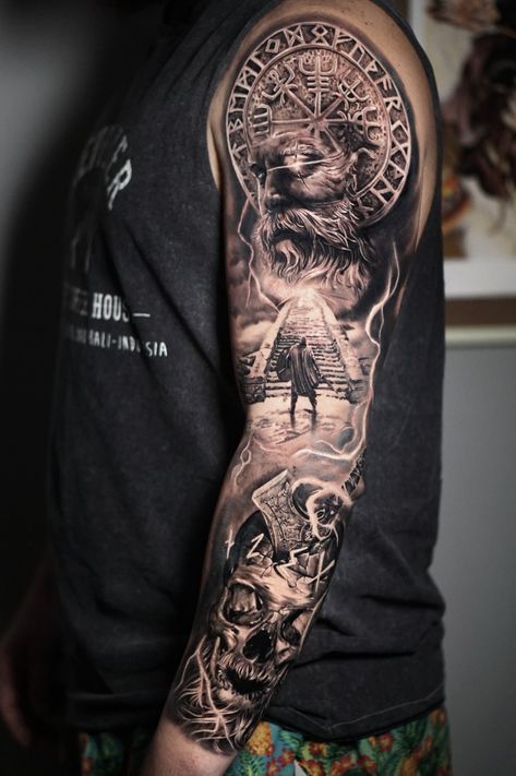 Viking Sleeve, Viking Tattoos For Men, Voll Arm-tattoos, Viking Warrior Tattoos, Viking Tattoo Symbol, Viking Tattoo Sleeve, Skull Sleeve Tattoos, Full Sleeve Tattoo Design, Men Tattoos Arm Sleeve