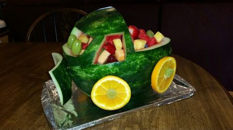 Watermelon Plow Truck Watermelon Carving Easy, Watermelon Turtle, Watermelon Car, Fruit Presentation, Baby Shower Fruit, Fresh Fruit Cake, Plow Truck, Fruit Platter Designs, Watermelon Cake