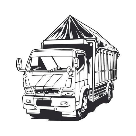 Vektor Truk Canter, Truck Art Designs, Truck Illustration, Cars Illustration, Art Vector Illustration, Transport Truck, Trailer Truck, Line Art Vector, Truck Art