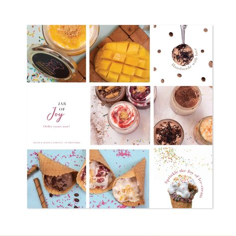 Social media design and layout for a homemade ice-cream brand - called Whisk and Scoop Ice Cream Social Media Content, Ice Cream Shop Instagram Feed, Ice Cream Layout, Ice Cream Social Media, Cream Branding, Space Branding, Ice Cream Flower, Instagram Grid Layout, Grid Ideas