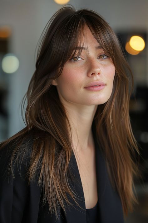 Woman with straight long hair and parted bangs looking chic Subtle Fringe Hairstyles, One Length With Curtain Bangs, Long French Bangs Long Hair, Layers Haircut For Straight Hair, Layered Fringe Haircut, Long Air Dry Haircut, Bangs Thick Long Hair, Long Hair Layers Bangs Round Face, Long Layered Haircuts Face Framing