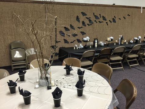 Witches Table Decorations, Ward Halloween Party Decorations, Halloween Ward Party, Lds Halloween Ward Party, Ward Halloween Party Ideas, Ward Halloween Party, Halloween Dance Decorations, Halloween Table Decorations Party, Church Halloween Party