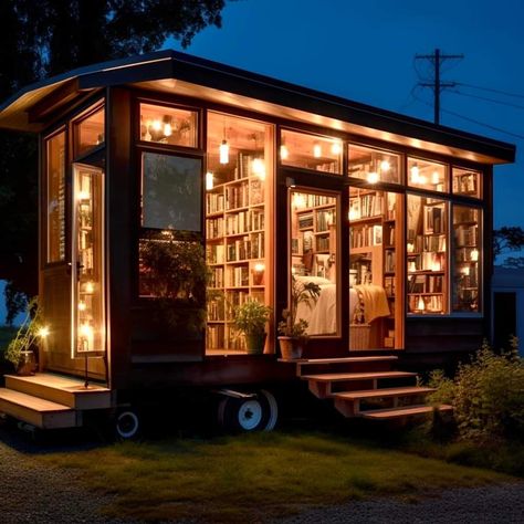 Backyard Library Shed, Camper Library, She Shed Library Ideas, Shed Library, Backyard Library, Bookmobile Ideas, Book Shed, Mobile Bookstore, Library Exterior