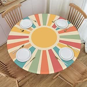 FATTTYCY Round Table Cloth Boho Rainbow Sun Tablecloth Elastic Edge Fitted Table Cover Fits Tables Up to 40"-44" Diameter Tablecloth Alternatives, Dining Table Decor Modern, Kids Church Decor, Dining Table Cover, Round Table Cloth, Tablecloth Round, Fitted Table Cover, Fitted Tablecloths, Round Tables