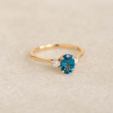 London Blue Topaz and Diamond Ring 14k Gold - Kindra Puffy Heart Necklace, London Blue Topaz Engagement Rings, Topaz And Diamond Ring, Cathedral Setting, Blue Topaz Jewelry, Traditional Engagement Rings, Diamond Birthstone, Blue Topaz Gemstone, Blue Stone Ring