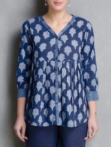 Buy Indigo Hand Block Printed Cotton Top by Aavaran Online at Jaypore.com Handblock Print Dress, Short Tunics For Women, Cotton Short Tops For Jeans, Cotton Tops Designs For Jeans, Cotton Tops For Women Casual, Short Tops For Jeans, Cotton Tops For Jeans, Printed Tunics, Cotton Tunics For Women