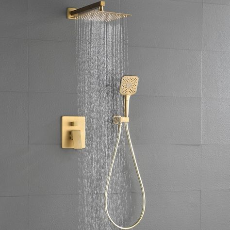 Pouuin Ob Brushed Gold Built-In Shower System in the Shower Systems department at Lowes.com Rain Fall Shower Head, Tub With Rainfall Shower Head, Brass Rain Shower Head, Gold Waterfall Shower Head, Brushed Gold Shower System, Waterfall Building, Brass Waterfall Shower Head, Advanced Fashion, Rain Head