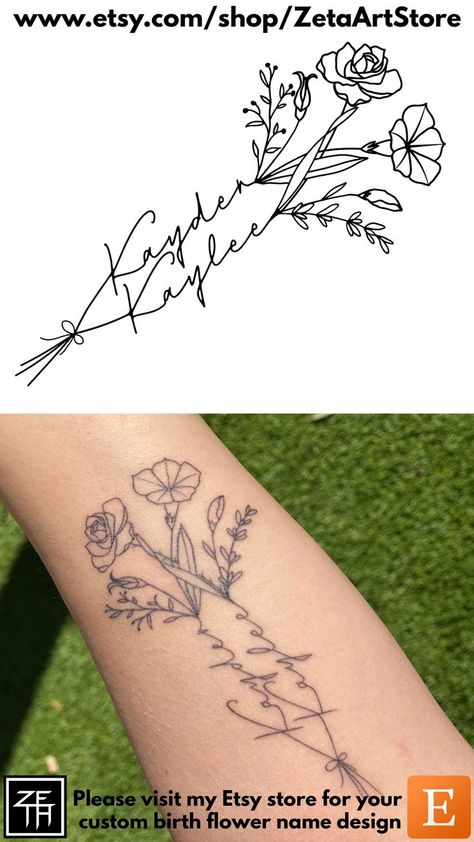 Birth Month Flower Tattoos With Names, Flower Name Tattoo, Tattoo Idea For Women, Name Flower Tattoo, Name Tattoo Design, Flower Spine Tattoos, Baby Name Tattoos, Cool Wrist Tattoos, Beautiful Tattoos For Women