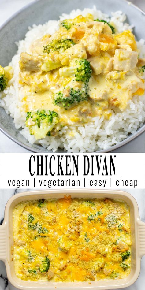 Learn how to make a vegetarian Chicken Divan from vegan chicken cubes and broccoli, mixed in a creamy and ultra satisfying sauce. Rich, decadent, but yet so easy to prepare and comes together in under 30 minutes. #vegan #dairyfree #vegetarian #dinner #lunch #mealprep #contentednesscooking #chickendivan #chickendivancasserole Vegan Chicken Recipes, Chicken Divan Recipe, Chicken Divan, Vegan Casserole, Vegetarian Chicken, Dairy Free Diet, Best Vegan Recipes, Healthy Comfort Food, Chicken Recipes Casserole