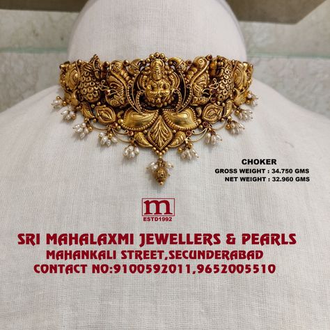 Nakas Gold Necklace, Light Weight Gold Choker Necklace Designs, Nakshi Jewellery Choker, Necklace With Weight Gold, 2 In 1 Choker And Vanki, Antique Nakshi Jewellery, Antique Pearl Choker, Light Weight Nakshi Necklace Gold, Light Weight Chokers In Gold