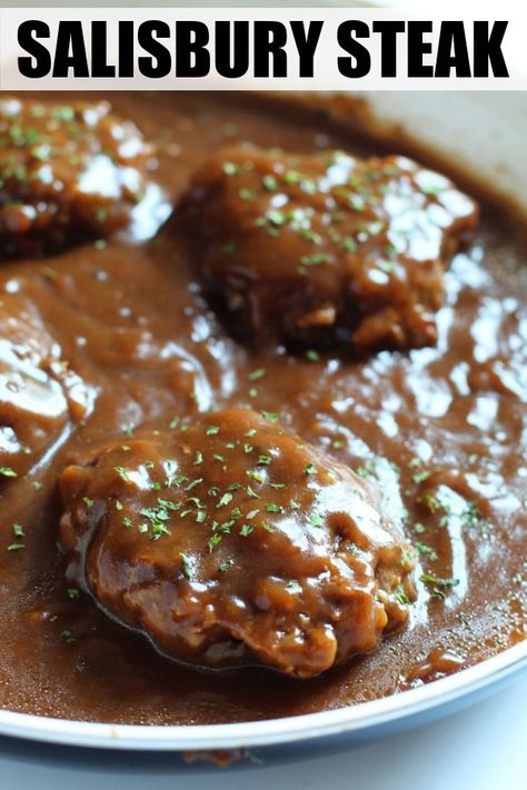 Hamburg Patties With Gravy, Salberry Steak, Saulsberry Steak, Food Ground Beef, Easy Salisbury Steak Recipe, Best Salisbury Steak Recipe, Brown Gravy Packet, Salisbury Steaks, Homemade Salisbury Steak