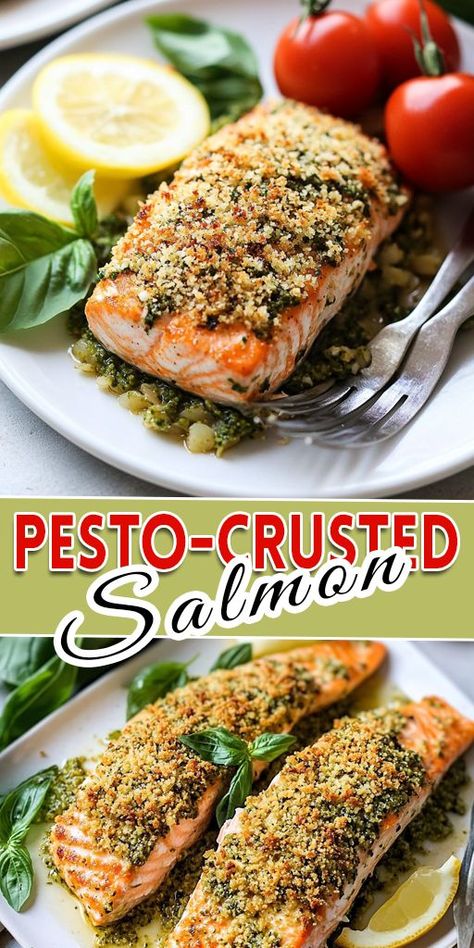 Elevate your weeknight dinner with this delicious Pesto-Crusted Salmon! Tender, flaky salmon topped with a vibrant basil pesto crust makes for a flavorful, healthy meal that’s ready in under 30 minutes. 📌 Save this Pin to add a flavorful twist to your salmon dishes! Serve with a squeeze of lemon for an extra zesty finish. 🍋 #PestoSalmon #HealthyDinnerIdeas #SeafoodLovers #QuickAndEasyRecipes #SalmonForDinner #HerbCrustedSalmon #LowCarbMeals #Omega3Rich #FoodieFavorites #DinnerInUnder30 🐟🌿 Dinners With Salmon, Salmon Recipes With Pesto, Basil Pesto Recipe Meals, Salmon Orzo Spinach, Salmon Pesto Recipes, Pesto Salmon Recipes, Salmon With Pesto Baked, Baked Salmon Pesto, Pesto Salmon With Tomatoes