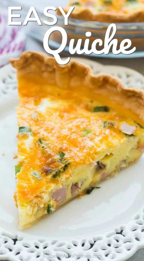 This Easy Quiche Recipe starts with a premade pie crust but no one has to know! It's loaded with ham, cheese and green onions and is the perfect easy breakfast or dinner! #spendwithpennies #quicherecipe #simpleeggs #simplebreakfast #brunchideas #quickrecipes #healthybreakfast #foracrowd Quiche Recipes No Cream, Quiche Recipes Cheese, Quiche Recipes Homemade Crust, Brocolli Quiche Recipes, Ham Quiche Recipes Easy, Quiche Recipes Breakfast, Quick Quiche Recipes, Quiche Breakfast Recipes, Ham And Cheese Quiche Easy