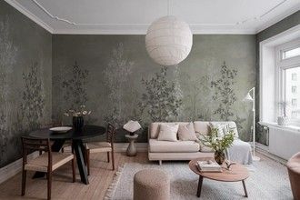 30 Japandi Kitchen Ideas and How to Achieve These Cool Looks - Foter Green Interior Living Room, Japandi Kitchen Ideas, Japandi Wallpaper, Greenery Wallpaper, Green Chinoiserie, Green Accent Walls, Inspired Wallpaper, Wallpaper For Wall, Tree Stencil