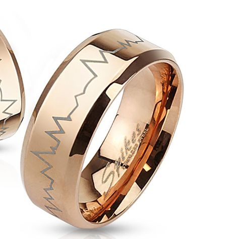 Heartbeat Laser Etched Stainless Steel Rose Gold IP Band Ring #AD Black Ring Box, Heart Beat Ring, Promise Ring Band, Heartbeat Line, Gold Band Wedding Ring, Promise Rings For Him, Wedding Ring For Him, Ring Rosegold, Wedding Rings Rose Gold